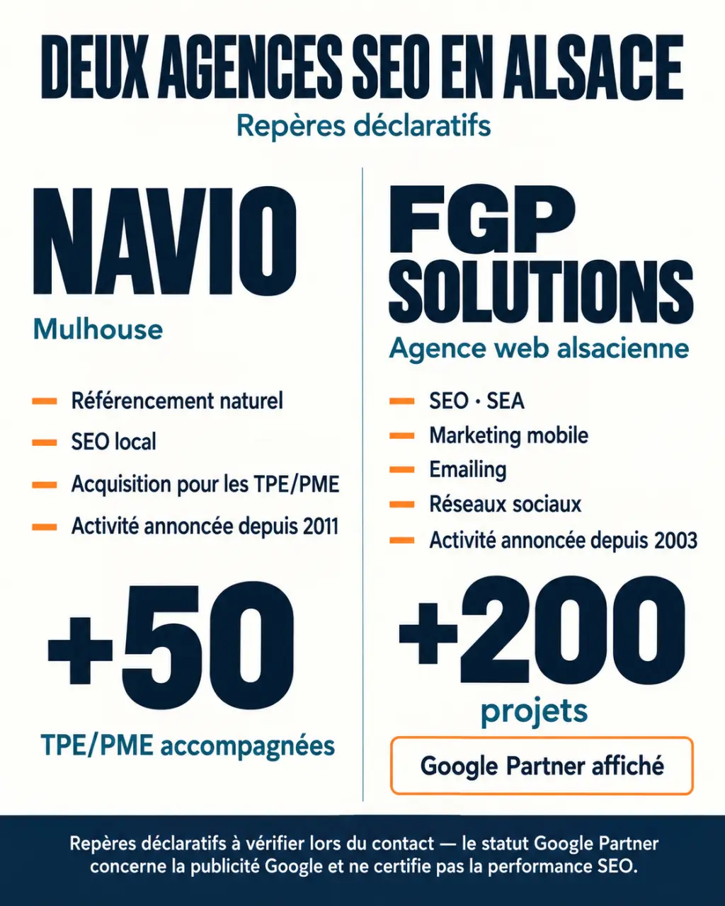 Comparaison de deux agences SEO en Alsace, Navio et FGP Solutions, selon leurs services et repères d’expérience
