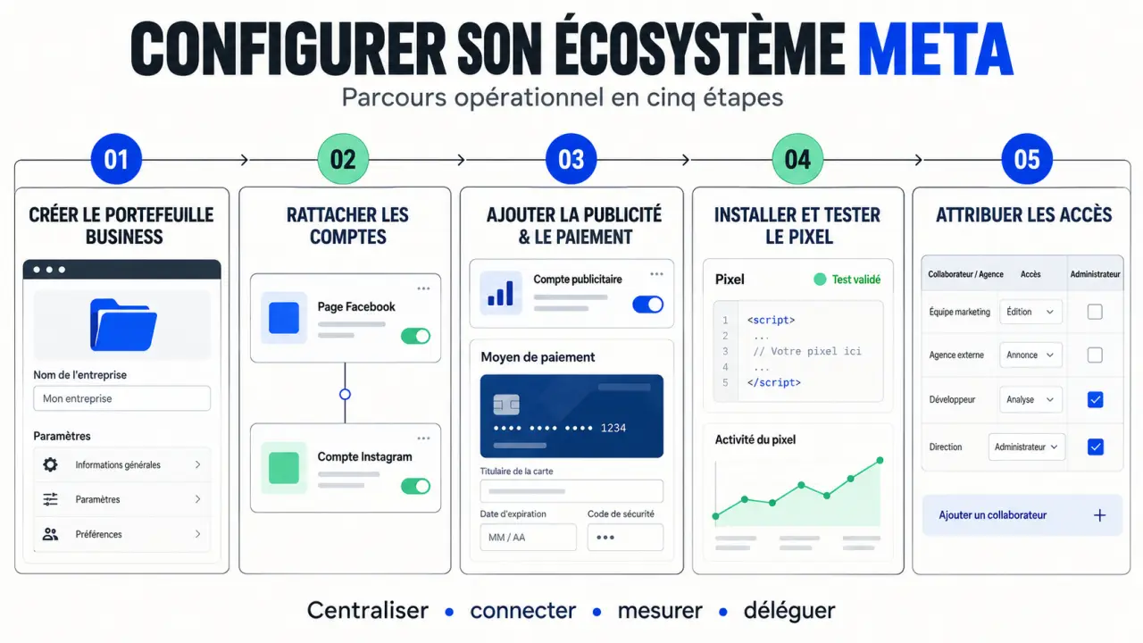 Parcours de configuration de Meta Business Manager avec ressources publicitaires, pixel et accès collaborateurs