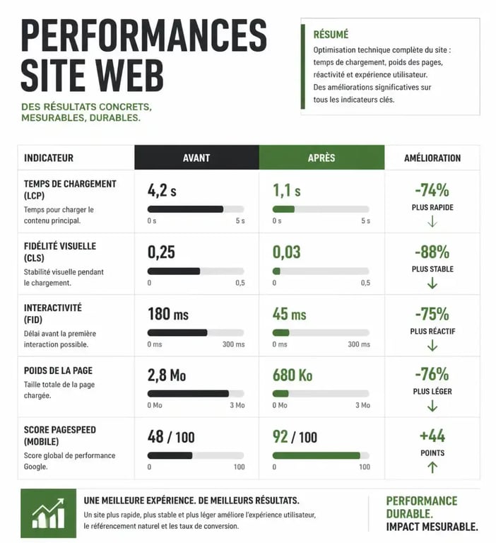 Graphique illustrant l'amélioration des performances lors d'une refonte de site web à Mulhouse