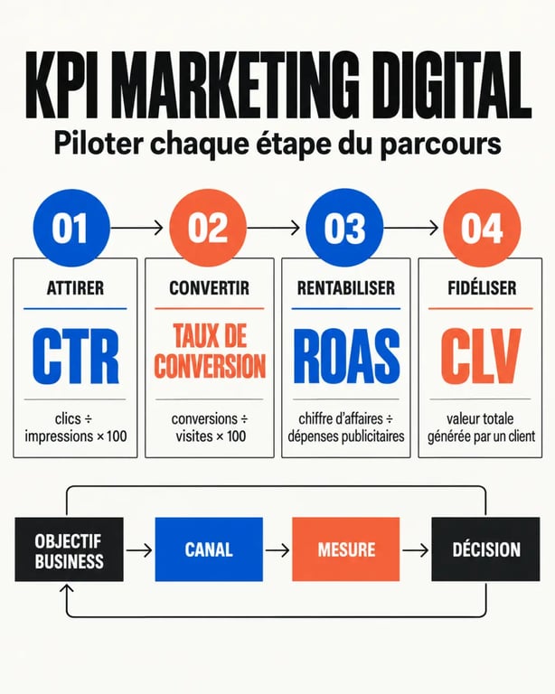 Infographie des KPI marketing digital par objectif : acquisition, conversion, rentabilité et fidélisation