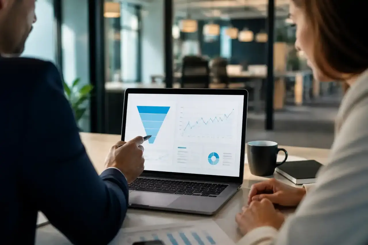 Illustration d'une landing page B2B optimisée avec flux de données convergeant vers une croissance de conversion