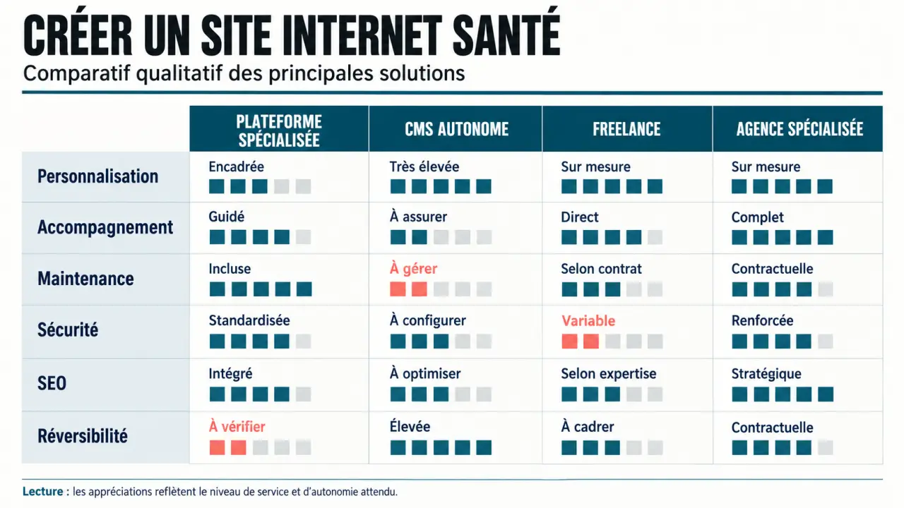 Comparatif des solutions de création site internet santé entre plateforme, CMS, freelance et agence