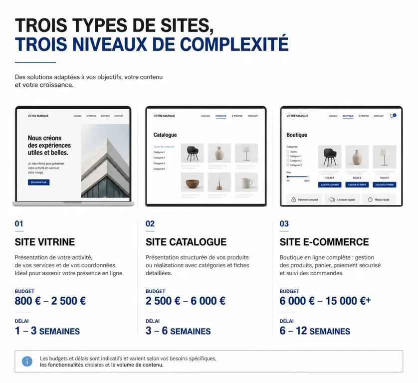 Comparatif des types de site pour une agence web à Béthune : vitrine, catalogue et e-commerce avec prix et délais