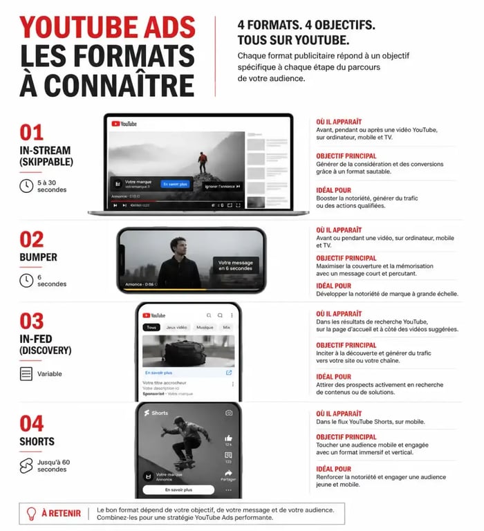 Comparatif des formats youtube ads selon l'objectif de campagne