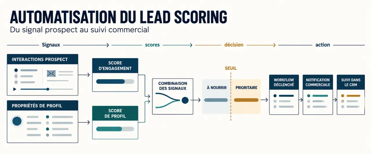 Schéma de l’automatisation du lead scoring HubSpot, du calcul des scores au workflow commercial