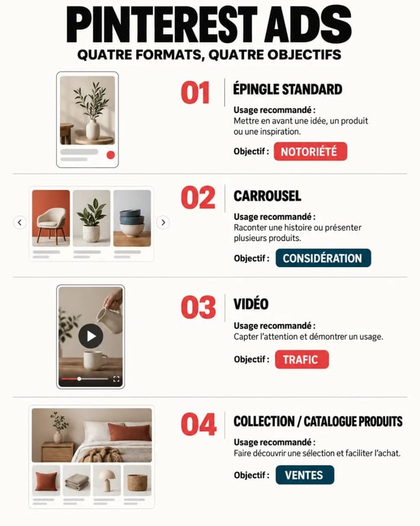 Infographie Pinterest Ads comparant les formats publicitaires selon les objectifs marketing