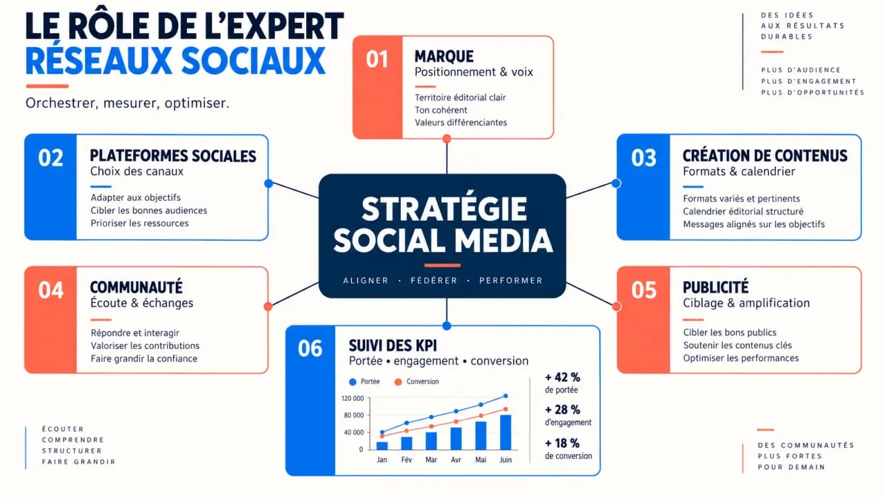Expert réseaux sociaux pilotant une stratégie social media, les contenus, la communauté et les KPI