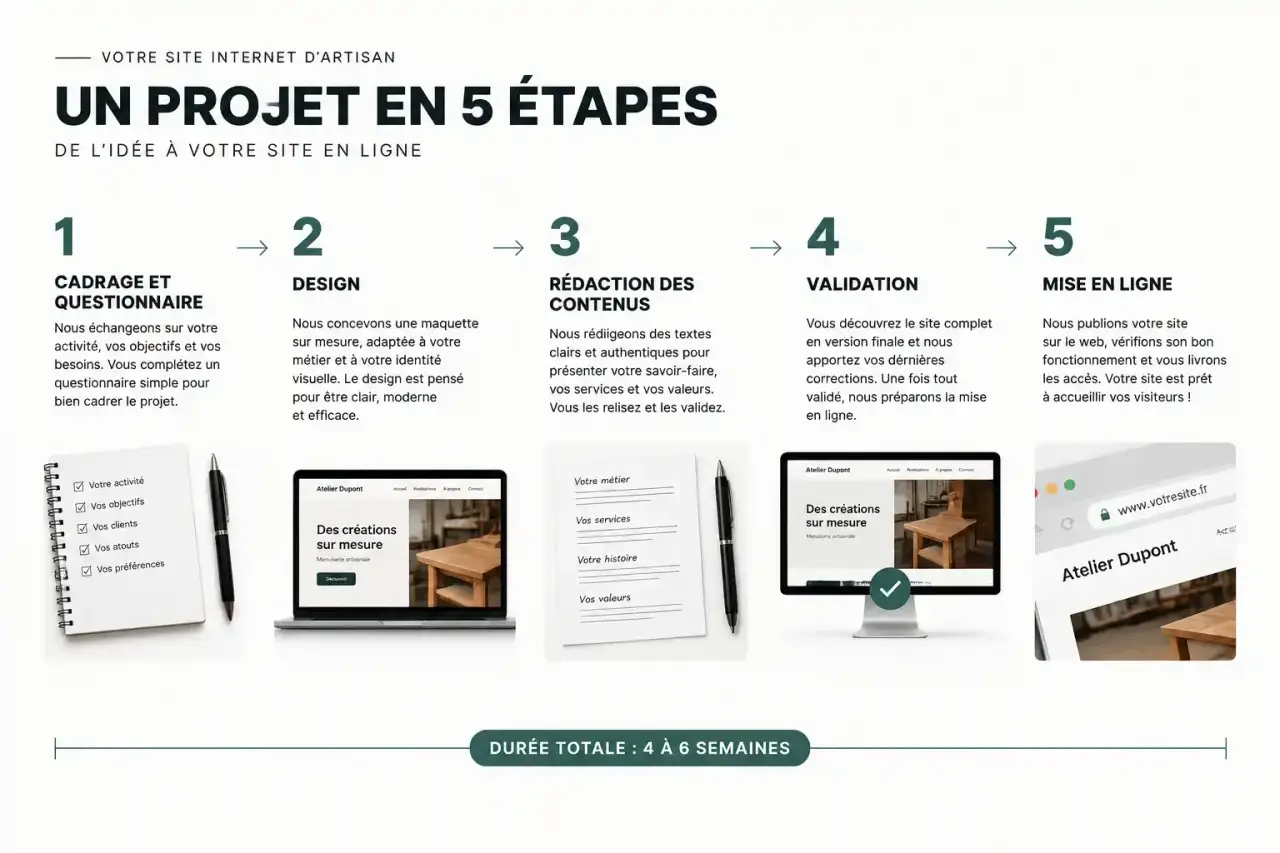 Étapes de la création de site internet d'artisan, du cadrage à la mise en ligne en 4 à 6 semaines