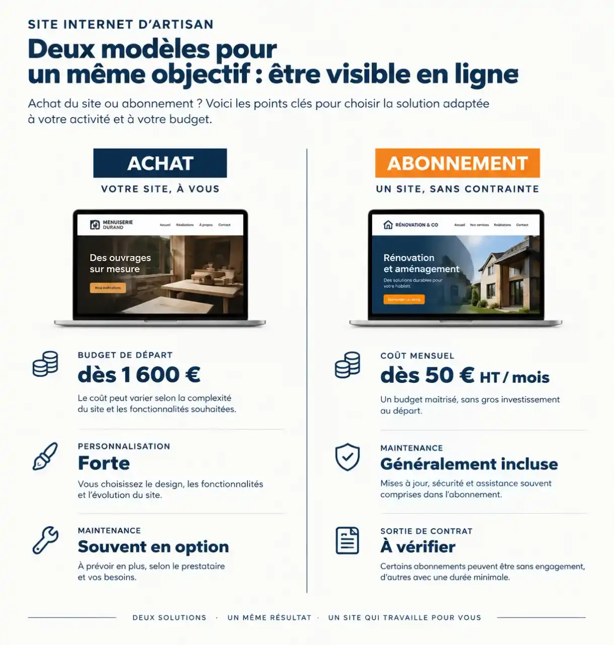 Comparatif visuel achat ou abonnement pour une création de site internet artisan : budget, personnalisation, maintenance et sortie de contrat